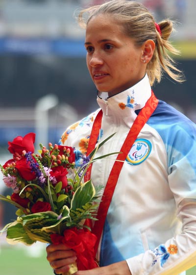 Ukraine's Oxana Boturchuk took the Women's 100m T12 gold medal with a time of 12.38 seconds at the National Stadium, also known as the Bird's Nest, in Beijing on September 9, 2008. 