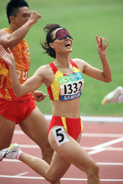 China's Wu Chunmiao claimed the Women's 100m T11 gold medal with a of 12.31 seconds at the National Stadium, also known as the Bird's Nest, in Beijing on September 9, 2008.