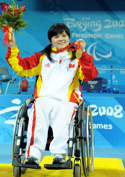 Xiao Cuijuan of China wins the gold medal of Women's -44kg Powerlifting group A.The Women's -44kg Powerlifting group A matches of the Paralympics Powerlifting event were held in BUAA Gymnasium in Beijing on September 9, 2008.