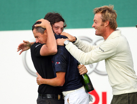 Lucqin is congratulated on his victory by Raphael Jacqelin and Michael Lorenzo-Vera. 