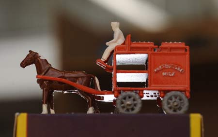 A matchbox toy horse drawn milk float valued at 700 pounds ($1,230) is seen at Vectis in Thornaby, northern England September 10, 2008.