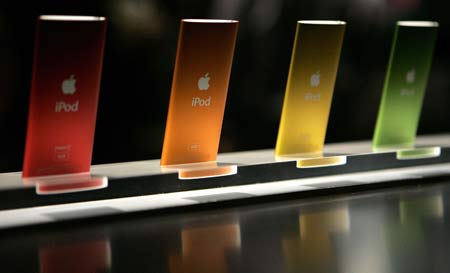 Redesigned iPod Nano music players are shown on display for the media at Apple