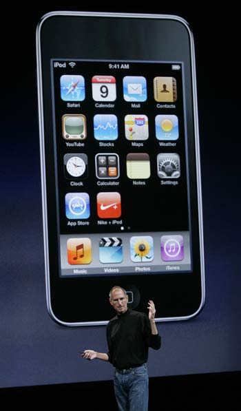 Apple Inc CEO Steve Jobs shows off a thinner iPod Touch at Apple