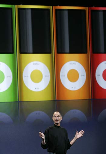 Apple Inc CEO Steve Jobs speaks as colorful, redesigned iPod Nano