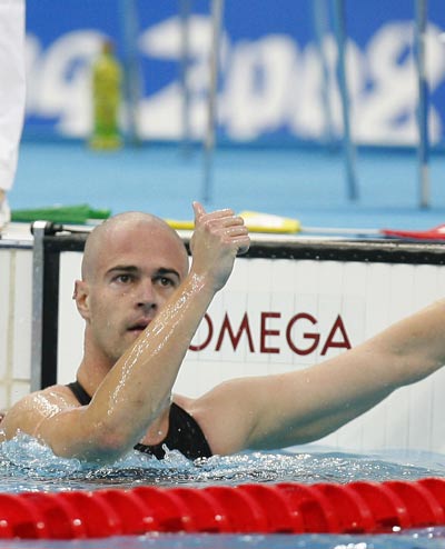 David Roberts of Great Britain celebrates. He won the Men's 400m Freestyle S7 gold medal, with a time of four minutes and 52.35 seconds, at the National Aquatics Center in Beijing on September 11, 2008.