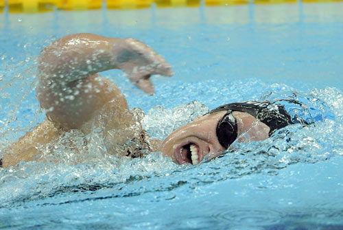 Erin Popovich of the United States won the Women's 400m Freestyle S7 gold medal, with a time of five minutes and 17.41 seconds, at the National Aquatics Center in Beijing on September 11, 2008.