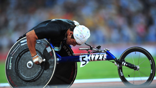 Hong Suk-man of the Republic of Korea competes in the final. He won the gold medal of the Men's 400m T53 with 47.67 seconds to set a new world record at the National Stadium,also known as the Bird's Nest,during the Beijing 2008 Paralympic Games on September 11, 2008. 