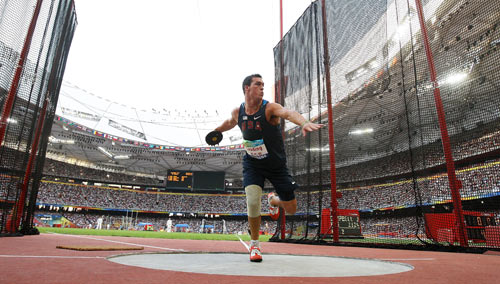 Jeremy Campbell of the United States won the gold medal of the Men's Pentathlon P44 at the National Stadium,also known as the Bird's Nest,during the Beijing 2008 Paralympic Games in Beijing on September 11, 2008.