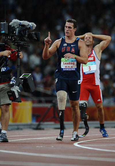 Jeremy Campbell of the United States celebrates. He won the gold medal of the Men's Pentathlon P44 at the National Stadium,also known as the Bird's Nest,during the Beijing 2008 Paralympic Games in Beijing on September 11, 2008. 