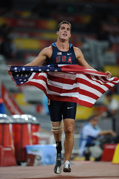 Jeremy Campbell of the United States celebrates. He won the gold medal of the Men's Pentathlon P44 at the National Stadium,also known as the Bird's Nest,during the Beijing 2008 Paralympic Games in Beijing on September 11, 2008. 