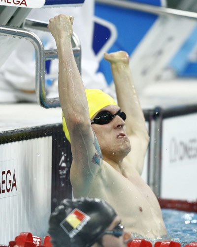 Rick Pendleton of Australia celebrates after his win. He claimed the title of the Men's 200m Individual Medley SM10 with a time of 2:12.78 minutes during the Beijing 2008 Paralympic Games at the National Aquatics Center on September 11.