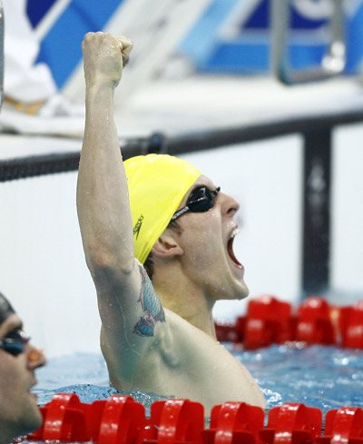 Rick Pendleton of Australia celebrates after his win. He claimed the title of the Men's 200m Individual Medley SM10 with a time of 2:12.78 minutes during the Beijing 2008 Paralympic Games at the National Aquatics Center on September 11.