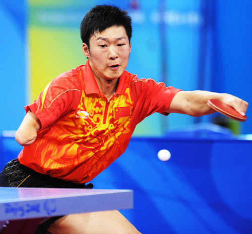 Ge Yang of China returns the ball. He beat his compatriot Ma Lin 3-1 and claimed the title of the Men's Individual Class 9-10 of the Beijing 2008 Paralympic Games table tennis event on September 11.
