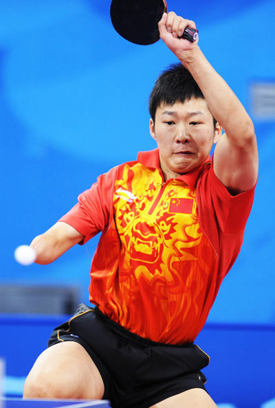 Ge Yang of China returns the ball. He beat his compatriot Ma Lin 3-1 and claimed the title of the Men's Individual Class 9-10 of the Beijing 2008 Paralympic Games table tennis event on September 11.