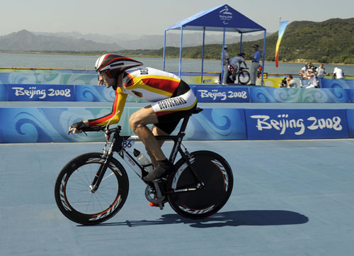Wolfgang Sacher of Germany wins the gold medal in the Men's Individual Time Trial LC1. The Men's Individual Time Trial LC finals of the Beijing 2008 Paralympic Cycling Road competition were held at the Triathlon Venue in Beijing on September 12, 2008.