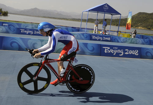 Laurent Thirionet of France wins gold in the Men's Individual Time Trial LC3. The Men's Individual Time Trial LC finals of the Beijing 2008 Paralympic Cycling Road competition were held at the Triathlon Venue in Beijing on September 12, 2008.