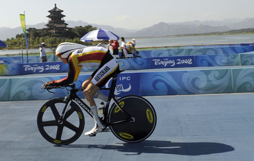 Michael Teuber of Germany wins gold in Men's Individual Time Trial LC4. The Men's Individual Time Trial LC finals of the Beijing 2008 Paralympic Cycling Road competition were held at the Triathlon Venue in Beijing on September 12, 2008.