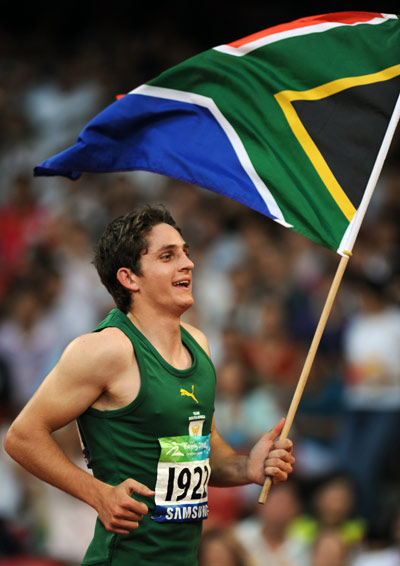 Fanie van der Merwe of South Africa celebrates after his win. He claimed the Men's 100m-T37 gold medal with a time of 11.83 seconds at the National Stadium,also known as the Bird's Nest, during the Beijing 2008 Paralympic Games on September 12, 2008.