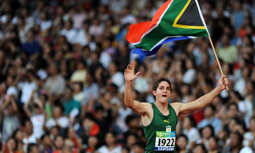 Fanie van der Merwe of South Africa celebrates after his win. He claimed the Men's 100m-T37 gold medal with a time of 11.83 seconds at the National Stadium,also known as the Bird's Nest, during the Beijing 2008 Paralympic Games on September 12, 2008.