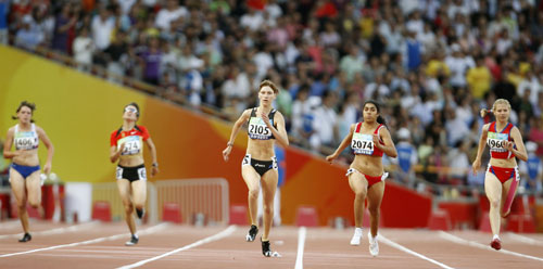 Inna Dyachenko of Ukraine (C) competes. She finished the Women's 200m T38 final in 27.81 seconds and set a new world record to win the gold medal at the National Stadium, also known as the Bird's Nest,during the Beijing 2008 Paralympic Games on September 12, 2008.