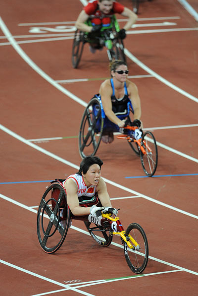 Huang Lisha of China won the Women's 100m T53 gold with 16.22 seconds at the National Stadium,also known as the Bird's Nest,during the Beijing 2008 Paralympic Games in Beijing on September 12, 2008.