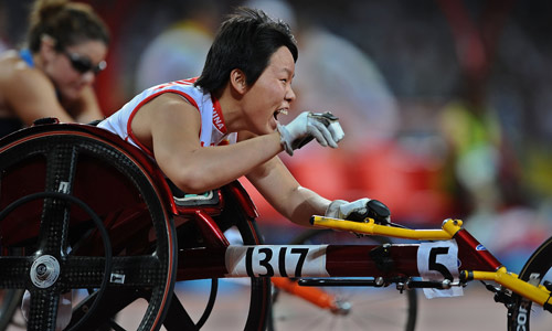 Huang Lisha of China won the Women's 100m T53 gold with 16.22 seconds at the National Stadium,also known as the Bird's Nest,during the Beijing 2008 Paralympic Games in Beijing on September 12, 2008.