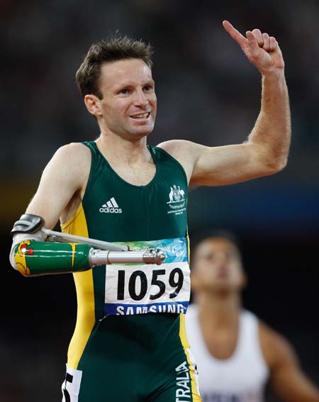 Heath Francis of Australia celebrates after the men&apos;s 400m-T46 final at the National Stadium，also known as the Bird&apos;s Nest，during the Beijing 2008 Paralympic Games in Beijing, China, Sept. 12, 2008. Francis won the gold with 47.69 secs. (Xinhua/Liao Yujie) 