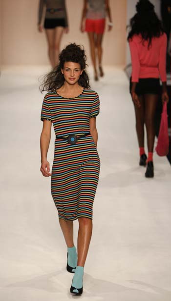 A model presents a creation of designer Caroline Charles' Spring and Summer 2009 collections during the opening of the London Fashion Week in London Sept. 14, 2008.