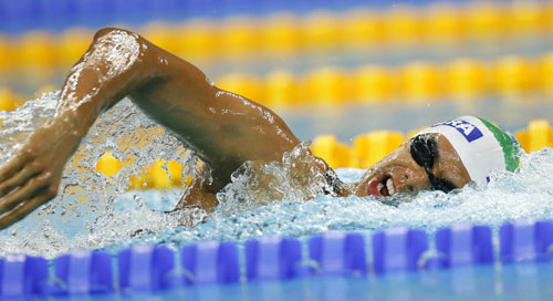 Andre Brasil of Brazil wins the gold medal in the S10 final of Men's 400m Freestyle.[Xinhua]