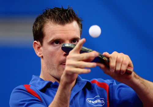 Jean-Phillippe Robin serves. Jean-Philippe Robin and Florian Merrien of France beat Luiz Algacir Silva and Welder Knaf of Brazil 3-1 in the Men's Table Tennis Team Class 3 final at the Beijing 2008 Paralympic Games on September 15, 2008, claiming the gold medal.