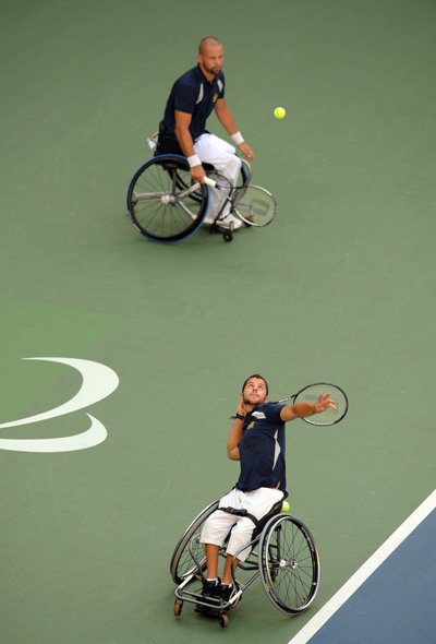 Stefan Olsson and Peter Wikstrom of Switzerland compete. They lose to Michael Jeremiasz and Stephane Houdet of France at the Men's Doubles Open of the Wheelchair Tennis event during the Beijing 2008 Paralympic Games on September 15, 2008.