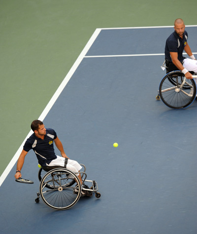 Stefan Olsson and Peter Wikstrom of Switzerland compete. They lose to Michael Jeremiasz and Stephane Houdet of France at the Men's Doubles Open of the Wheelchair Tennis event during the Beijing 2008 Paralympic Games on September 15, 2008.