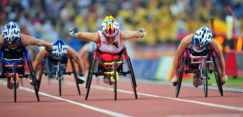 China's Zhou Hongzhuan won the gold of the Women's 800m - T53 with a time of one minute and 57.25 seconds at the National Stadium,also known as the Bird's Nest,during the Beijing 2008 Paralympic Games on September 15, 2008. 