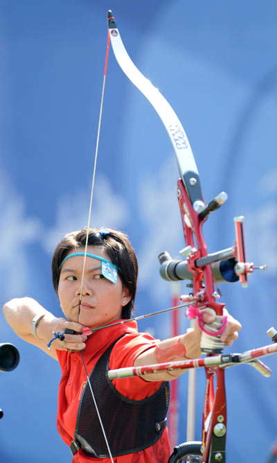 Xiao Yanhong of China competes. China beat the Republic of Korea in the Women's Archery Team Recurve-Open final at the Beijing 2008 Paralympic Games on September 15, claiming the gold medal.