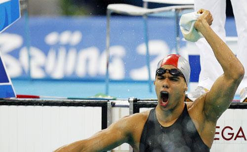 Andre Brasil of Brazil wins the gold medal in the S10 final of Men's 400m Freestyle. The Men's 400m Freestyle final of the Beijing 2008 Paralympic Games was held at the National Aquatics Center in Beijing on September 15, 2008.