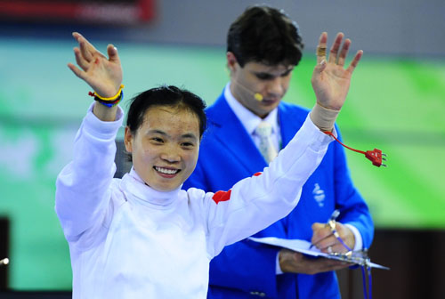 China's Zhang Chuncui won the gold medal in the Women's Individual Epee Category A of the Wheelchair Fencing event at the Beijing 2008 Paralympic Games on September 15, 2008. The silver and the bronze both went to Hong Kong SAR.