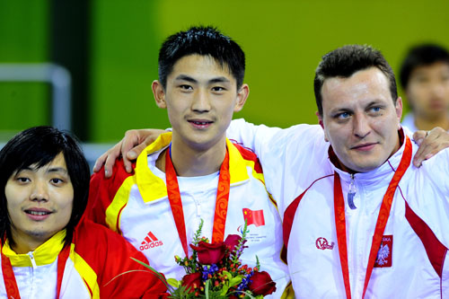 China's Tian Jianquan beat his compatriot.Zhang Lei to win the gold medal in the Men's Individual Epee Category A of the Wheelchair Fencing event at the Beijing 2008 Paralympic Games on September 15, 2008.