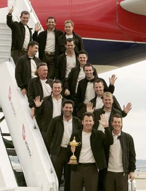 European Ryder Cup Team Captain Nick Faldo of Britain holds the cup as he arrives with his team members at Louisville International Airport In Louisville, Kentucky September 15, 2008 for the 37th Ryder Cup Championship to be played at the Valhalla Golf Club in Louisville.