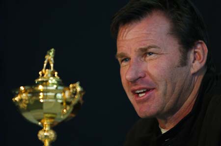 European Ryder Cup Team Captain Nick Faldo of Britain attends a media conference in Louisville, Kentucky, September 15, 2008 for the 37th Ryder Cup Championship to be played at the Valhalla Golf Club in Louisville.