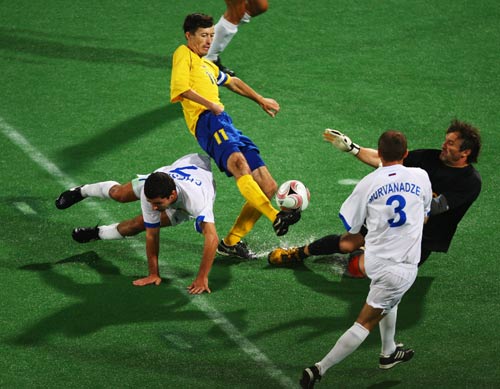 Volodymyr Antonyuk (No. 11) of Ukraine competes. Ukraine beat Russia 2-1 in the Men's Football 7-a-side gold medal match during the Beijing 2008 Paralympic Games on September 16, 2008.