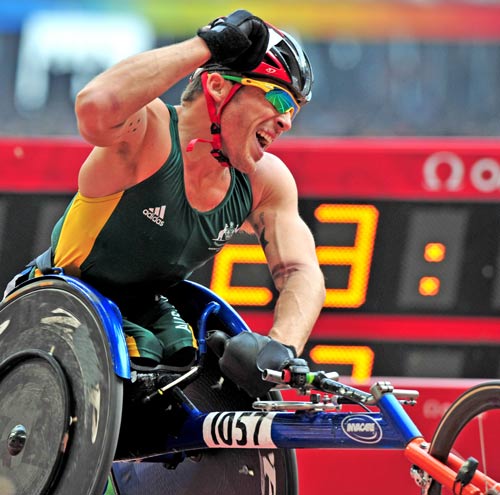 Kurt Fearnley of Australia won the Men's Marathon T54 with a time of 1:23:17 during the Beijing 2008 Paralympic Games on September 17. 2008.