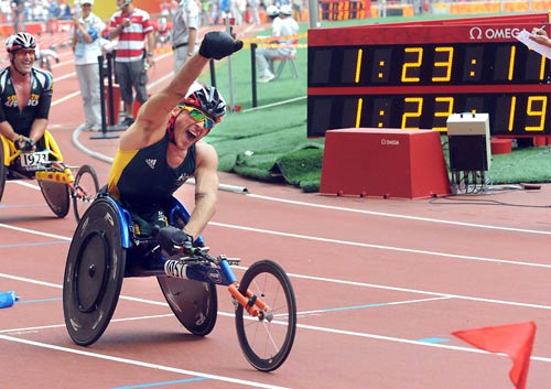 Kurt Fearnley of Australia won the Men's Marathon T54 with a time of 1:23:17 during the Beijing 2008 Paralympic Games on September 17. 2008.