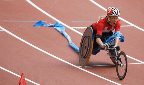 Edith Hunkeler of Switzerland won the Women's MarathonT54 with a time of 1:39:59 during the Beijing 2008 Paralympic Games on September 17. 2008.