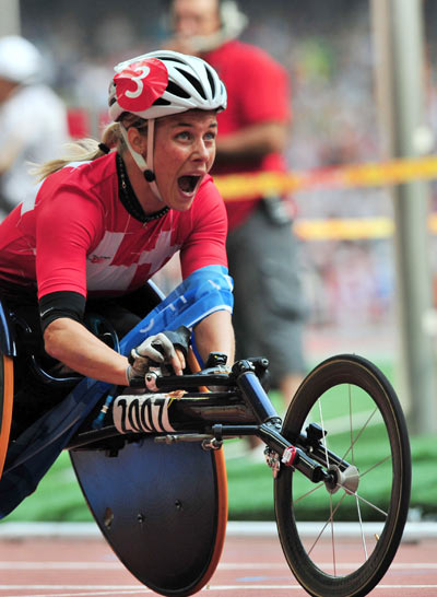 Edith Hunkeler of Switzerland won the Women's MarathonT54 with a time of 1:39:59 during the Beijing 2008 Paralympic Games on September 17. 2008.