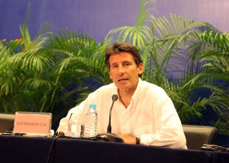 Sebastian Coe, chairman of London Organising Committee of the Olympic Games and Paralympic Games (LOCOG), speaks during a press conference held at the Beijing International Media Center (BIMC) in Beijing, China, Aug. 22, 2008. [Xinhua] 