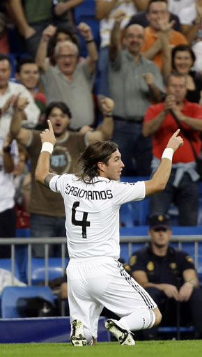 Sergio Ramos of Real Madrid celebrates his opening goal during the UEFA Champions League Group H match between Real Madrid and BATE Borisov at the Santiago Bernabeu stadium on September 17, 2008 in Madrid, Spain. 