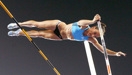Russia's Yelena Isinbayeva competes during the women's pole vault of the 2008 Shanghai Golden Grand Prix track and field event in Shanghai, China, Sept. 20, 2008.