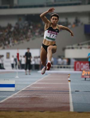 Russia's Tatjana Lebedeva competes during the women's triple jump of the 2008 Shanghai Golden Grand Prix track and field event in Shanghai, China, Sept. 20, 2008. Tatjana Lebedeva won the title with 14.83 metres. 