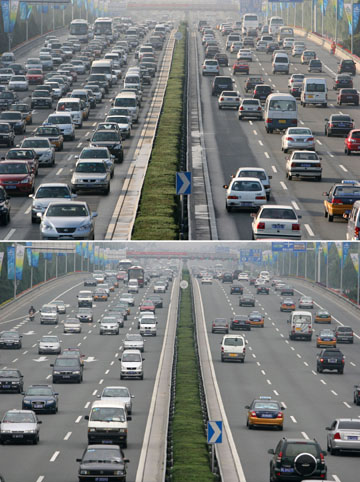 This combo photo shows the traffic flow on the East Fouth Ring Road on the morning of September 22 (up) and September 19 (down) in Beijing. Today is the first weekday after the two-month alternating odd-even license plate system for the Olympic Games ended in Beijing. [CFP] 