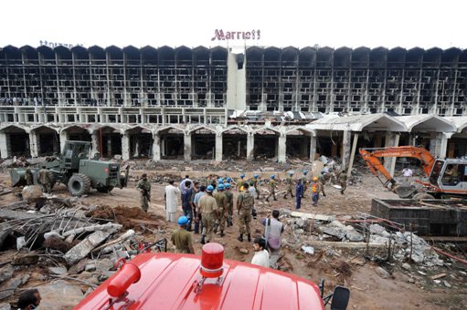 Pakistani army soldiers arrive for search operations following an overnight suicide bombing at The Marriott Hotel in Islamabad on September 21, 2008. Rescuers were set to search the smouldering remains of Islamabad&apos;s Marriott Hotel for survivors following a huge truck bombing which left at least 60 people dead and 200 injured. [Xinhua]